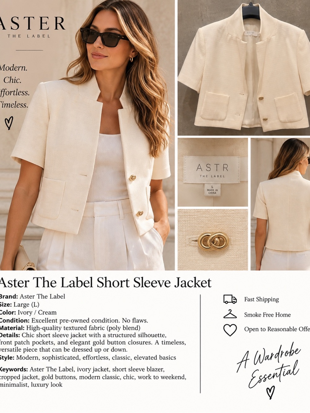 MATE the Label Cream Cropped Short-Sleeve Jacket with Gold Buttons